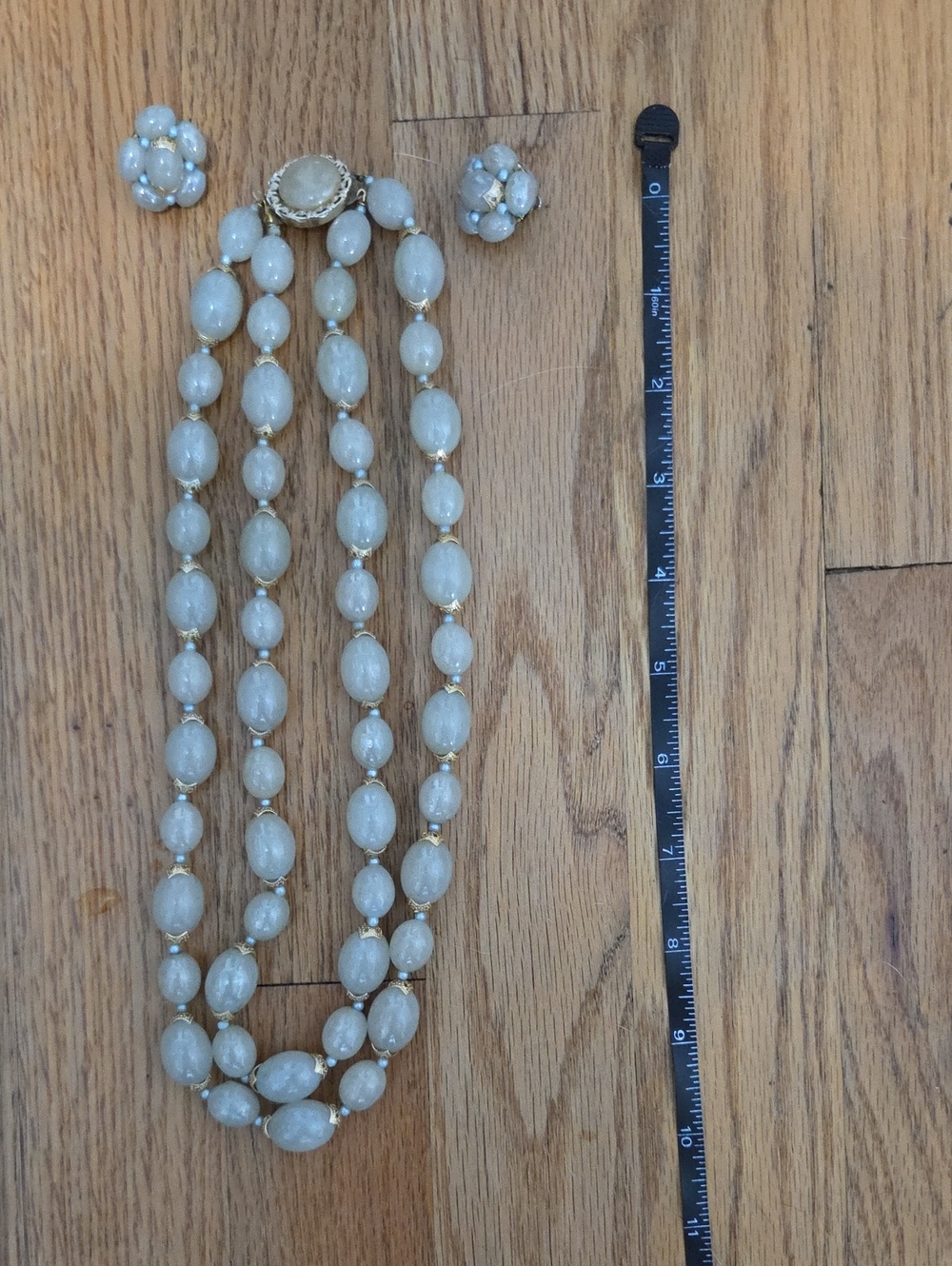 Gold and Cream Beaded Necklace with Matching Clip Earrings